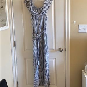 Blue and white striped maxi dress